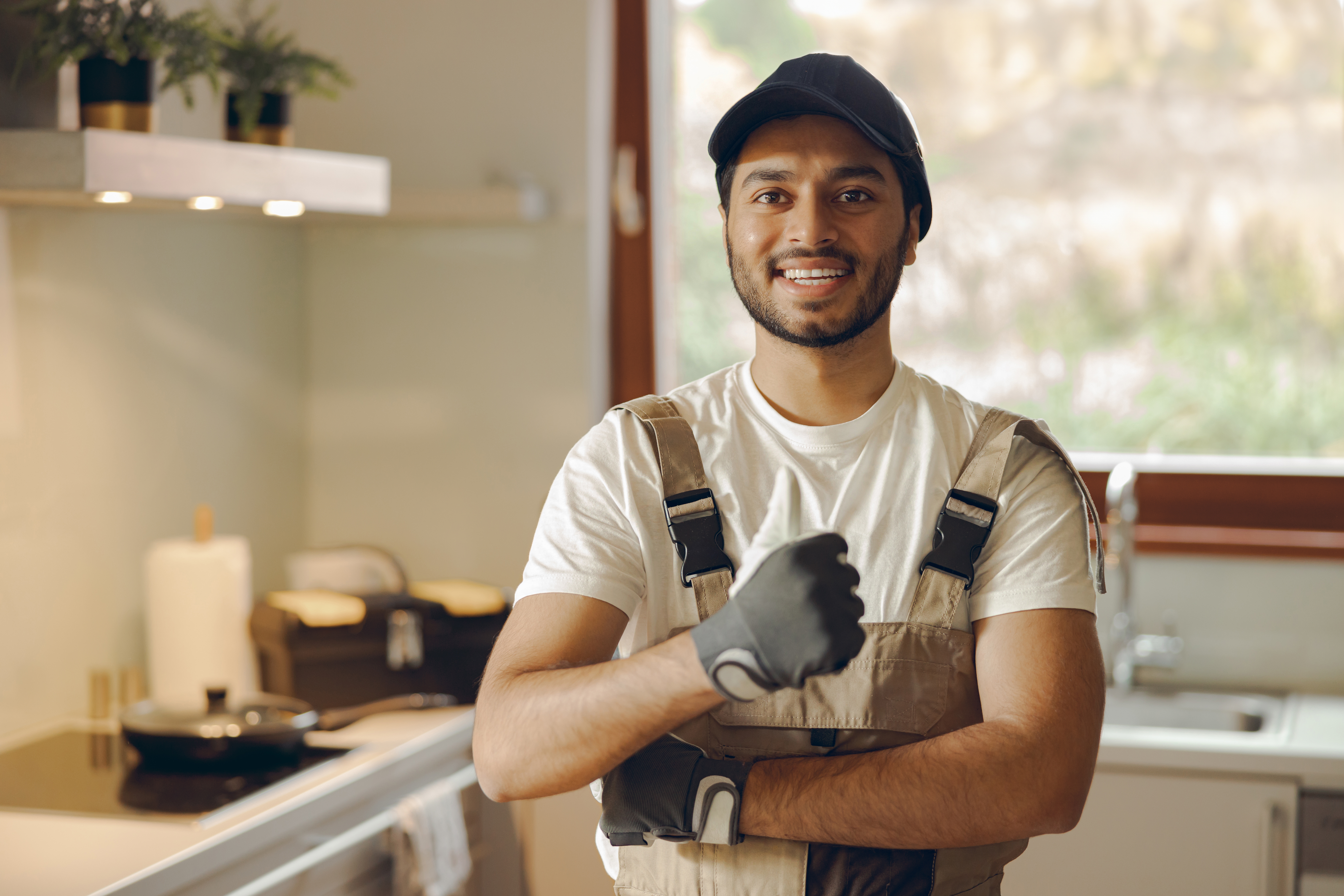 Homme souriant en salopette dans une cuisine.